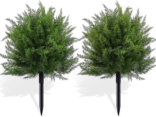 23.6" Artificial Cypress Topiary Christmas Tree with Spike, 2 Pack Faux Cedar Bushes UV Resistant Fake Shrubs for Front Porch Winter Decor (Cedar Topiary Ball Trees)