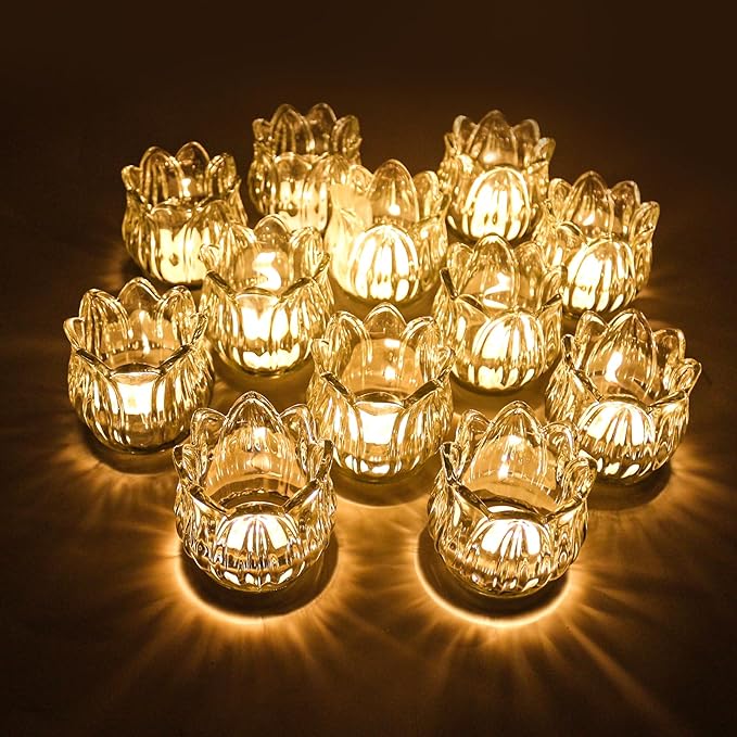 Tulip Votive Candle Holders Set of 12, Tea Light Candle Holder Glass for Table Centerpiece, Tealight Candle Holders for Wedding Déco, Birthday, Anniversary, Parties, and Holiday (Clear)
