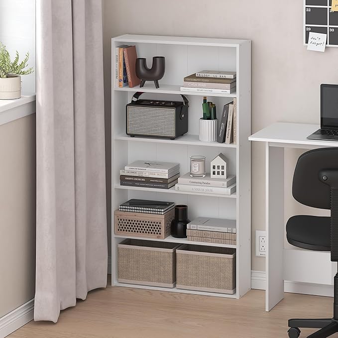 Furinno Basic Book Shelf, 5-Tier Bookshelf, Cube Storage Organizer Bookcase with Open Shelf, 7 x 24 x 44, for Living Room, Bedroom, Home Office, White