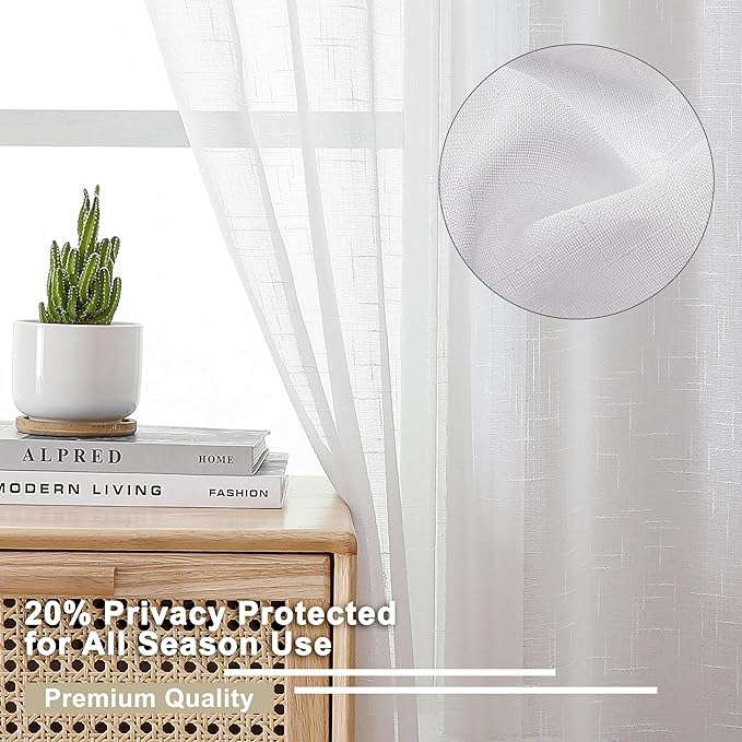 Aiyufeng Kirei Linen White Sheer Curtains - 2 Pieces, Elegant, Natural Light Flow, Rich Quality Material, Highly Durable Window Curtain Panels for Bedroom/Living Room (40" W x 63" L, Pure White)