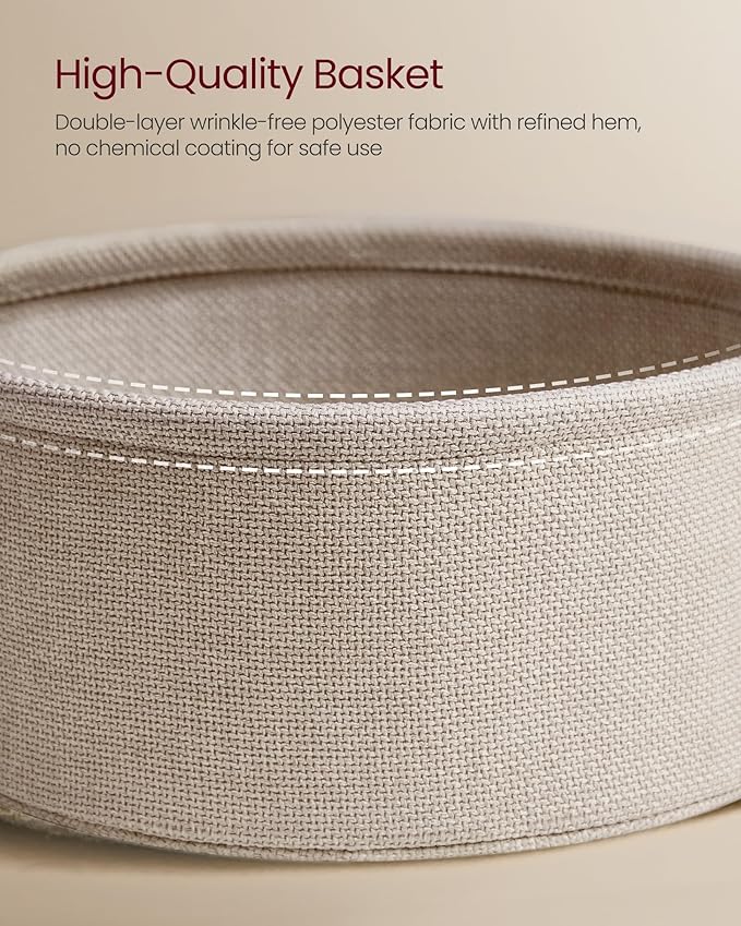 VASAGLE LILEA Collection - Small Round Side End Table, Modern Nightstand with Fabric Basket, Matte White and Camel Brown ULET223W10