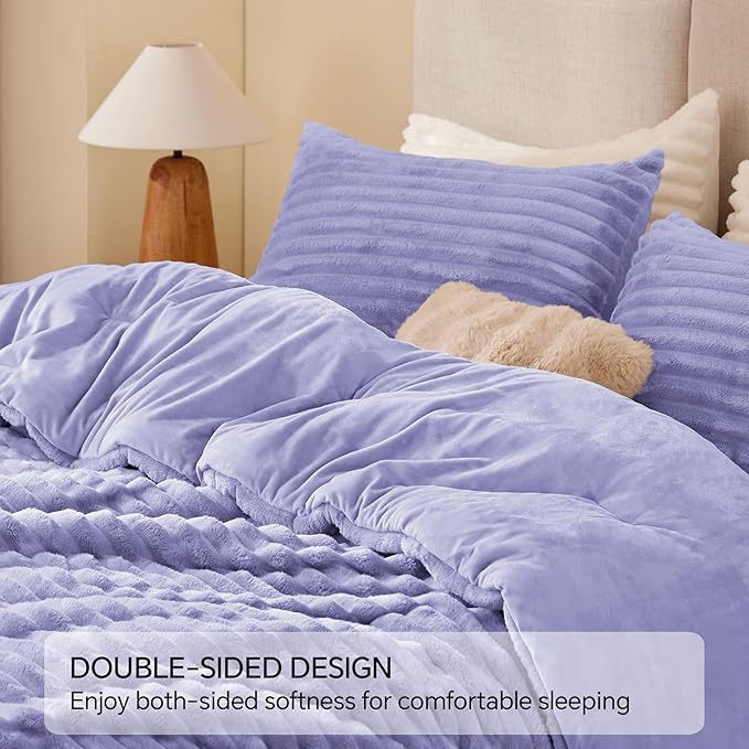 BEDELITE Fleece Queen Comforter Set -Super Soft & Warm Fluffy Lavender Bedding, Luxury Fuzzy Heavy Bed Set for Winter with 2 Pillow Cases
