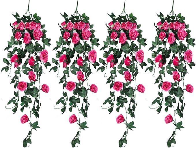 RECUTMS Artificial Rose 4Packs Fake Hanging Flower Faux Ivy Vine Plants for Home Window Garden Office Patio Planter Pathway Front Porch (Rose Red)