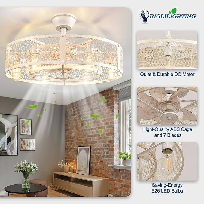 DLLT Caged Ceiling Fan with Lights: 26" Bladeless Fandelier with Light and Remote - Cement Industrial Chandelier Fan Light for Bedroom Living Dining Room Kitchen