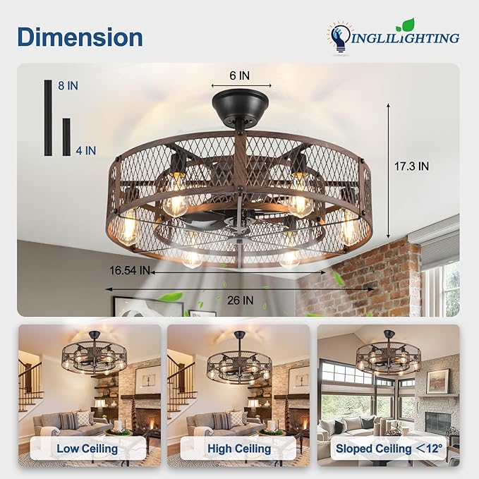 DLLT Caged Ceiling Fan with Lights: 26" Bladeless Fandelier with Light and Remote - Walnut Industrial Chandelier Fan Light for Bedroom Living Dining Room Kitchen