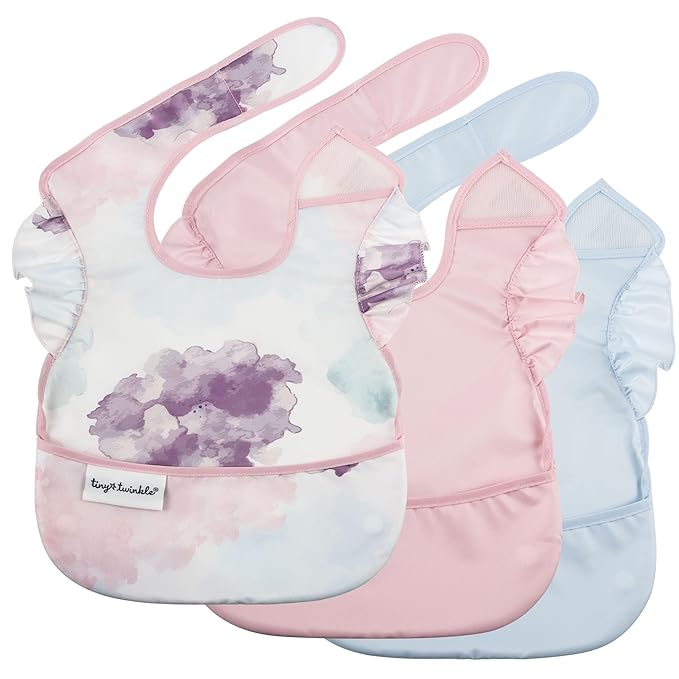 Tiny Twinkle Mess Proof Baby Bibs for Eating - Waterproof, Wipeable Bibs - Toddler Bibs - Travel Friendly - PFAS, PVC, BPA, Phthalate Free - Baby Food Bibs(3 Pack,Cotton Candy)