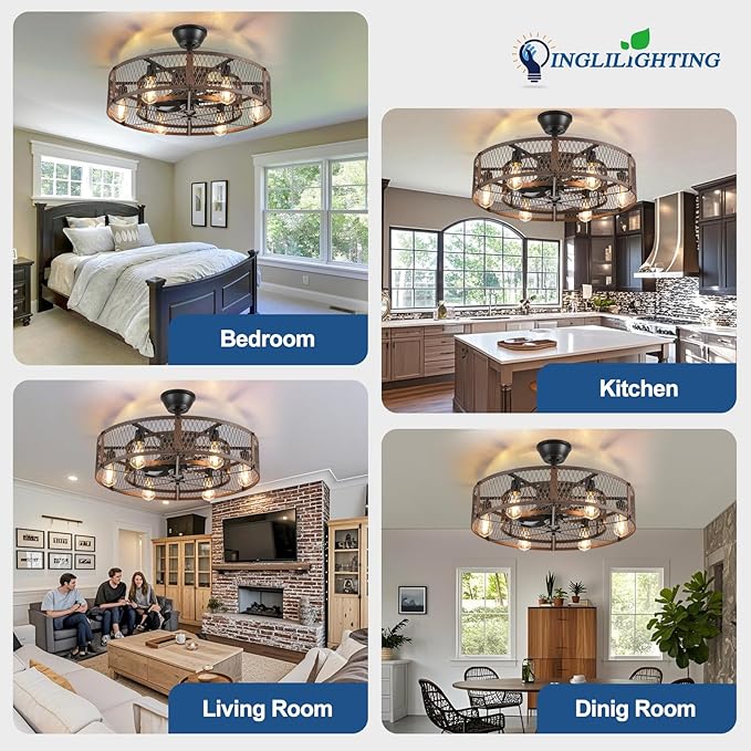 DLLT Caged Ceiling Fan with Lights: 26" Bladeless Fandelier with Light and Remote - Walnut Industrial Chandelier Fan Light for Bedroom Living Dining Room Kitchen