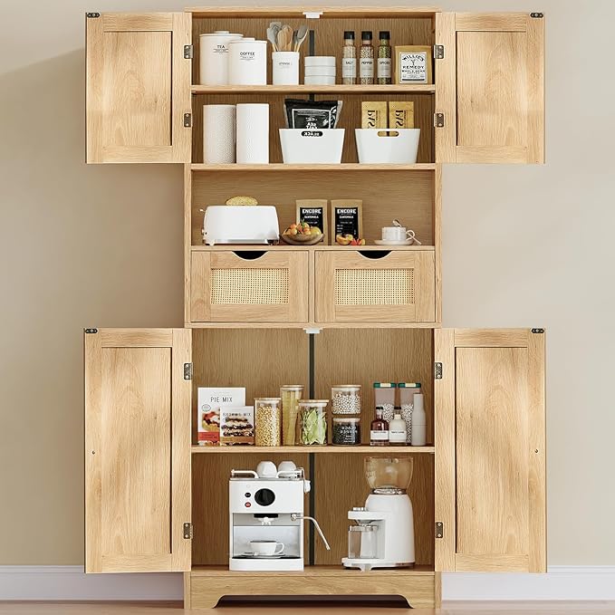 Iwell Tall Storage Cabinet with 2 Drawers & Adjustable Shelves, Rattan Cabinet, Kitchen Storage Cabinet, Pantry Cabinet with 4 Doors, Tall Cabinet for Living Room, Kitchen, Home Office, Natural