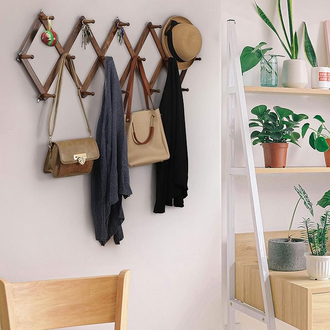 WEBI Accordion Wall Hanger,Expandable Wooden Coat Rack,Accordion Hat Rack for Wall for Hats,Caps,16 Peg Hooks,Brown,2 Packs