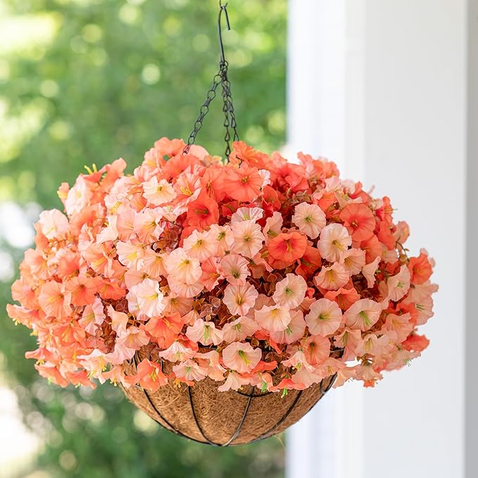 Artificial Fake Hanging Flowers with Basket for Fall Decoration, 12 Bundles Faux Silk Morning Glory Plants for Outdoor Planters, Realistic UV Resistant Artificial Flowers for Outside Porch Garden