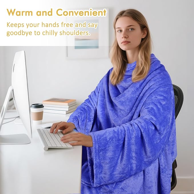 Catalonia Wearable Fleece Blanket with Sleeves and Foot Pockets for Adult Women Men, Micro Plush Comfy Wrap Sleeved Throw Blanket Robe Large, Blue