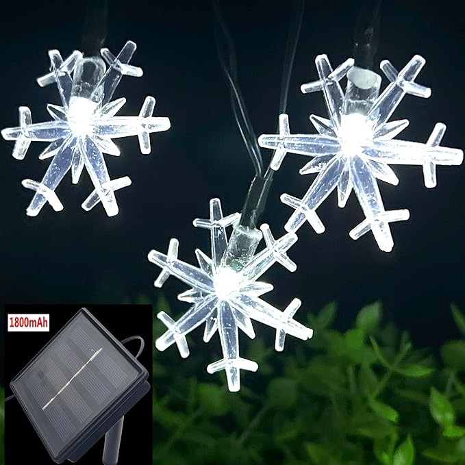 Solar Christmas String Lights Outdoor Waterproof 30 LED 20Feet Solar Snowflake Christmas Fairy Lights Decorations with 8 Lighting Modes for Garden Patio Yard Porch Wedding Party Decor(White)