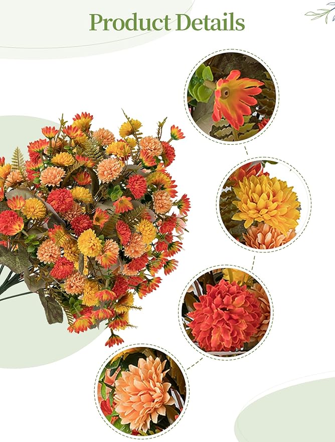 Artificial Cemetery Flowers for Grave: 2 Pcs Fake Fall Flowers for Cemetery Orange Mums Bouquets with Vases - Outdoor Grave Decorations