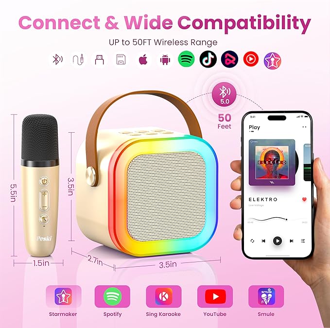 Mini Karaoke Machine for Kids Adults, Portable Karaoke Microphone Singing Speaker Bluetooth Karaoke Player with 2 Wireless Mic, Birthday Gifts for Girls Boys 4-12 Year Old, Family Home Party(Gold)