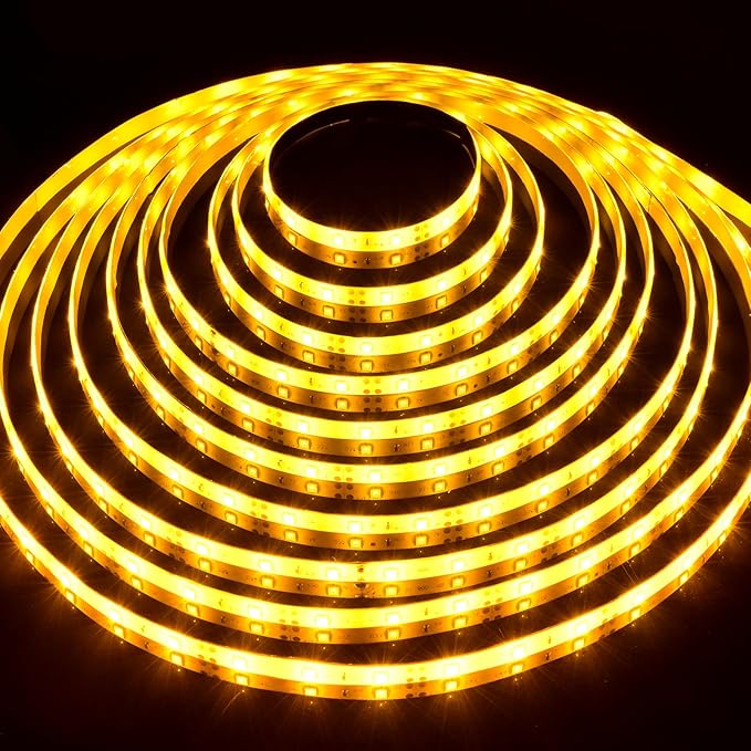 iNextStation 12V LED Light Strip IP65 Waterproof Yellow LED Strip Lights 16.4ft/5m Cuttable 300 SMD 2835 LED Tape Flexible Led Lights for Bedroom Outdoor Indoor Decor (Power Adapter not Included)