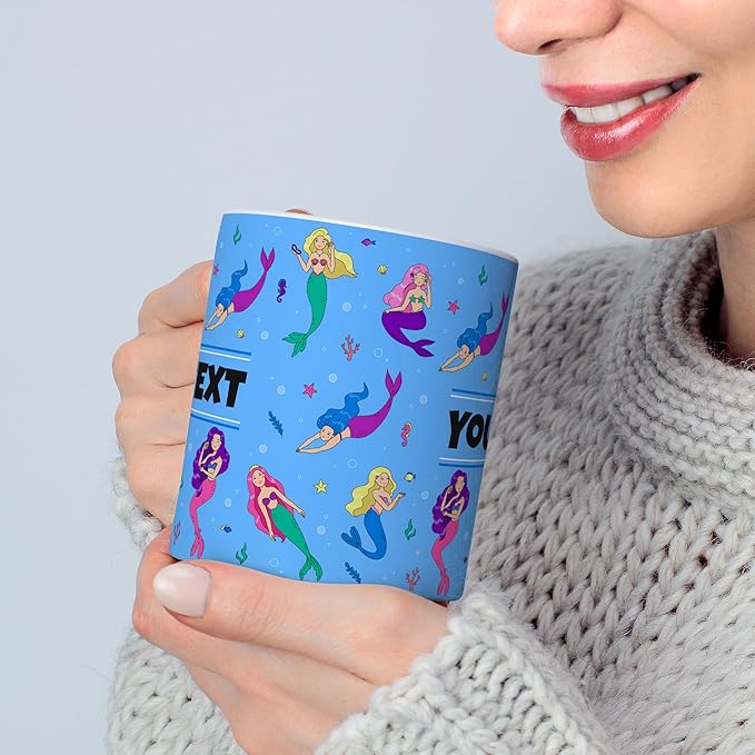 Personalized Mug for Kids - Mermaids - Custom Name/Text, Ceramic Hot Chocolate/Cocoa/Coffee Cup for Girls, Birthday/Christmas/Holiday Gift - 11 oz, Pink Handle
