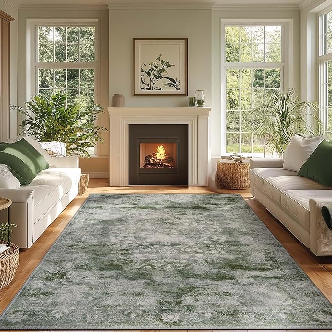 jinchan Washable Area Rug 6x9 for Living Room - Soft Faux Wool Ultra-Thin Stain Resistant Non-Slip Distressed Vintage Floral Rug Large Carpet for Bedroom,Dining Room,Home Office,Nursery(Green, 6'x9')