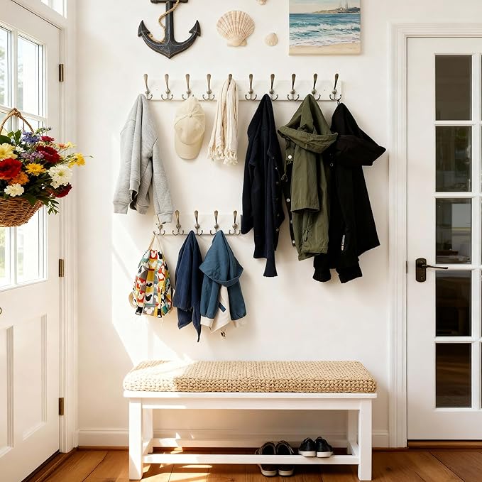 SKOLOO Creations White Solid Wood Wall Mounted Coat Rack, 5 Hooks, 17" Long - Kitchen, Mudroom, Entryway, Bathroom - Includes Mounting Hardware, Wall Coat Hanger, Towel Rack, Pack of 2