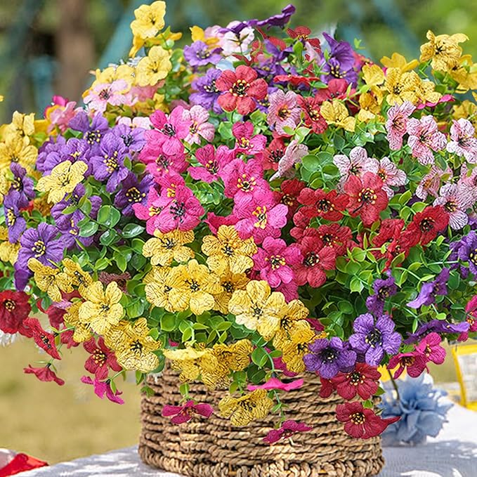 Artificial Flowers for Outdoor, UV Resistant Fake Silk Flowers, Realistic Faux Plants for Outside Indoor Porch Patio Window Box Planter Home Decor (20, Yellow Purple Rosy Pink Red)
