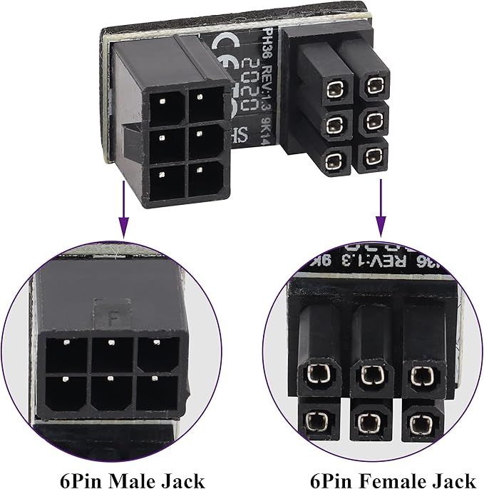 (2Pack 180 Degree ATX 6Pin Female to Male Connector PCI 6 Pin to 6 Pin PCI Express Video Card Power Adapter for Desktop Graphics Card (Down/6 Pin)