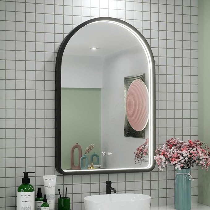 24x36 Inch Arched LED Mirror for Bathroom with Lights, Adjustable 3000K/4500K/6000K, Wall Mounted Black Frame Lighted Bathroom Vanity Mirror, Anti-Fog, Dimmable, Memory Function