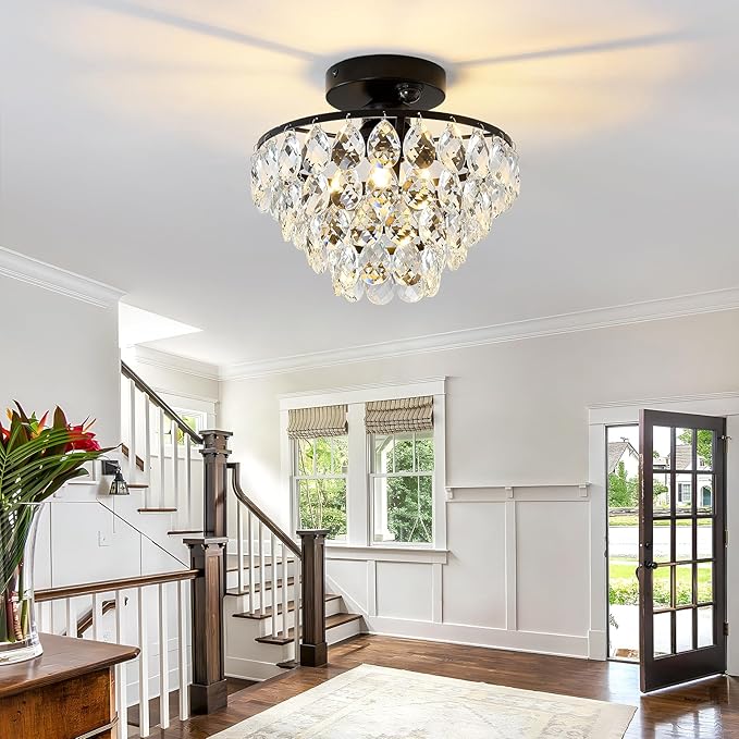 YYJLX Indoor Motion Sensor Ceiling Light Fixture Modern Cryatal Semi Flush Mount Ceiling Light Black Ovrehead Light Fixture for Porch Hallway Front Entryway Kitchen Hall Garage.