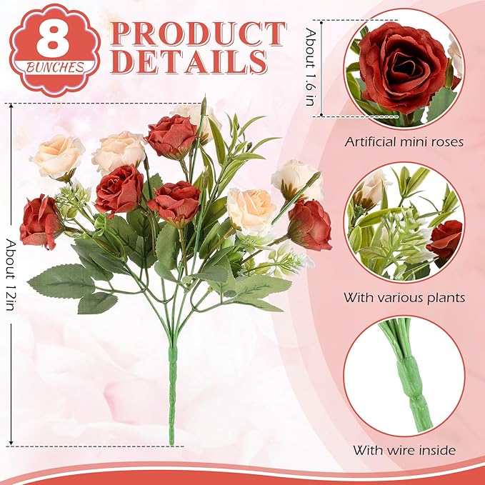 Zeyune 8 Pack 12 Inch Wedding Bouquets for Bride Bridesmaid Orange and Champagne Artificial Rose Bouquet Fake Silk Roses Flowers Bunches Bulk for Home Office Garden Parties Decoration