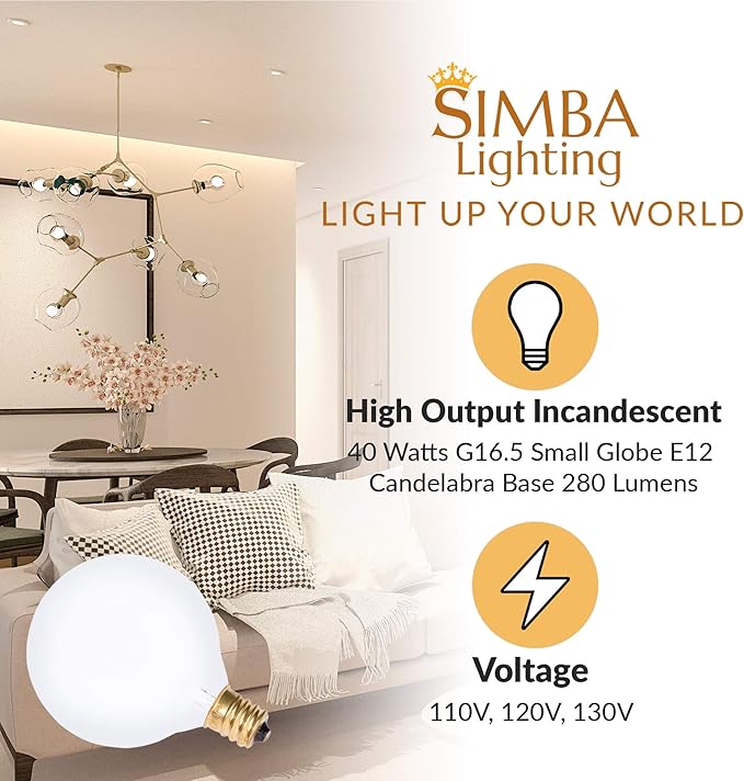 Simba Lighting Small Globe G16.5 Round Bulb 40W E12 Candelabra Base (10 Pack) for Chandelier, Ceiling Fan Light, Decorative Vanity Lights, Wall Sconce, Frosted Glass 120V, 2700K Warm White Dimmable