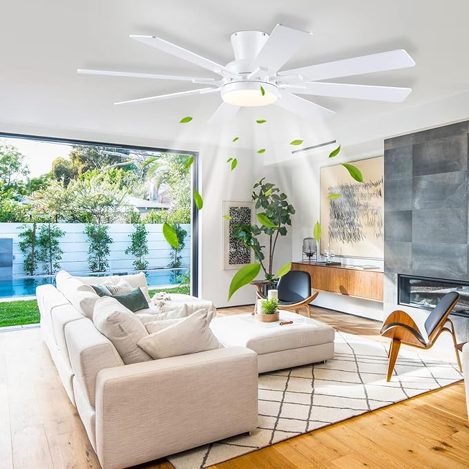 Ceiling Fans with Lights- 52" Low Profile Indoor Ceiling Fan with Light and Remote/APP Control, 8 Blade,Flush Mount, LED Dimmable DC Reversible Modern Ceiling Fan for Bedroom（White）