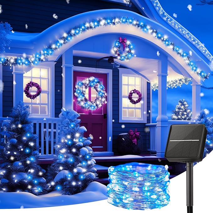 Minetom Solar String Lights for Outside, 33Ft 100 LED Outdoor Solar Fairy Lights, 8 Modes Balcony Lights for Tree Patio Christmas Party Decor (Blue and White)