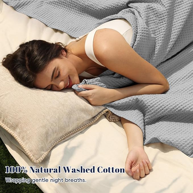 PHF 100% Cotton Waffle Weave Blanket Queen Size for Bed,Snag Proof Lightweight Breathable Moisture-Wicking Throw for Couch,Great for Layering in Cold Weather,Home Decor Gift-Light Grey