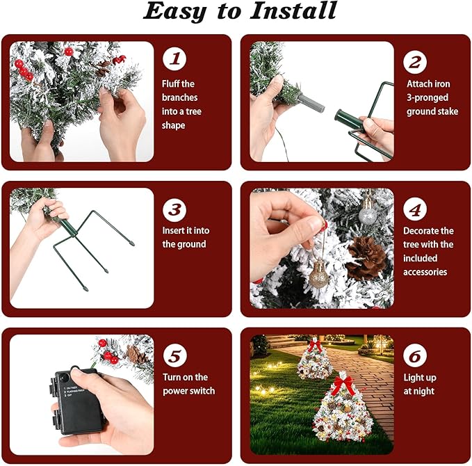 Lewondr Set of 2 Prelit Pathway Christmas Trees, 27.56" Outdoor Christmas Tree with 50 LED Lights, Pine Cones Red Berries, Battery Operated Outdoor Xmas Decor for Yard Home Porch, White Snowflake