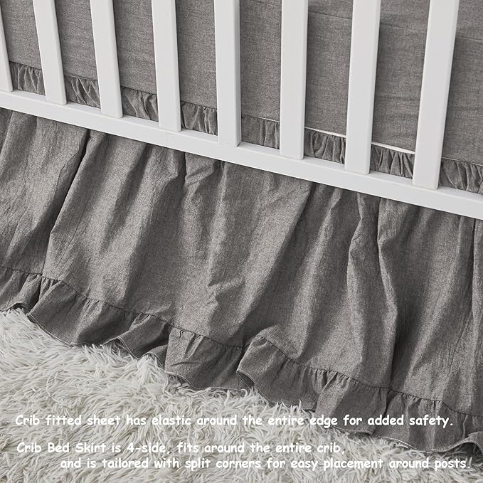 Brandream Crib Bedding Set 3 Pieces Ultra Soft 100% Cotton Bohemian Neutral Solid Grey Crib Comforter, Crib Sheet, Crib Skirt, Farmhouse Chic Ruffle Baby Girl Boys Nursery Bedding