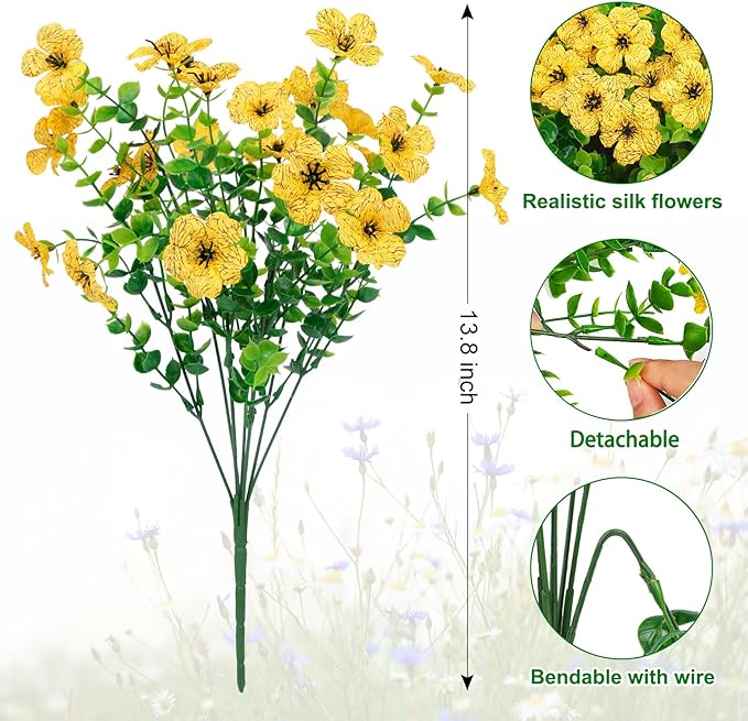 Ouddy Decor 24 Bundles Artificial Flowers for Outdoors Fake Silk Flowers UV Resistant Faux Plastic Plants for Spring Summer Garden Porch Window Box Table Vase Home Indoor Outdoor Decoration, Yellow