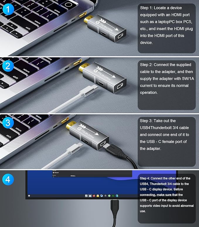 Reborn HDMI to USB C Adapter 4K 60Hz | Uni-Directional HDMI Source to Type-C Display Adapter for AR Glasses XREAL One、Air 2 Pro/VITURE Pro/RayNeo Air 2s/Rokid,PS5,Portable Monitors - 1 Pack
