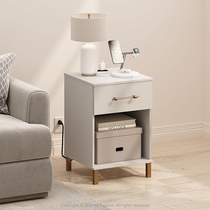 Furinno TIDUR Side Table, Drawer End Table with Charging Station, Night Stand, Bedside Table with USB and Type-C Charging Port, for Living Room, Bedroom, White