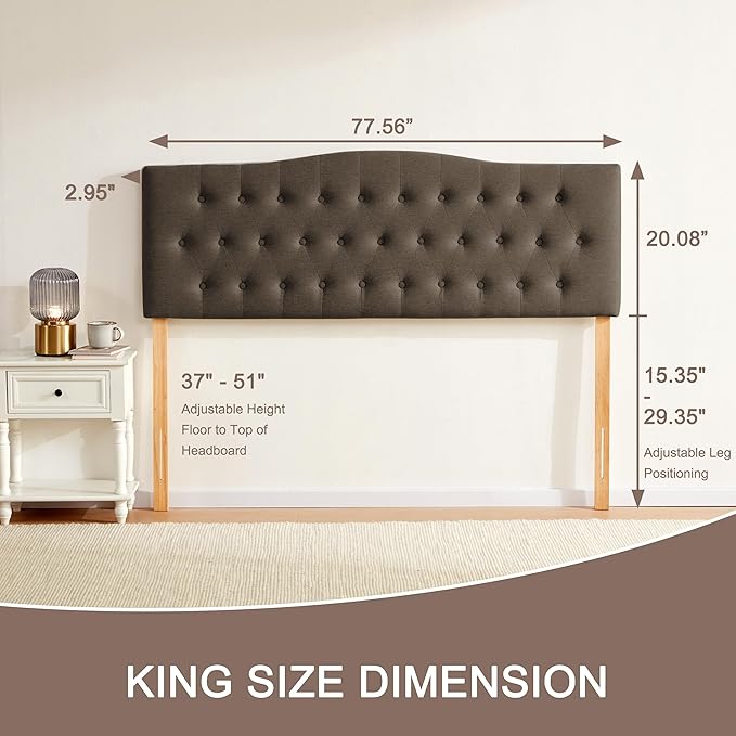 Tufted Upholstered Headboard King Size, Sturdy and Durable Solid Wood Bed headboard, Fabric Headboard Adjustable Height from 37” to 51”, Modern Button Diamond Design Head Board, Chocolate