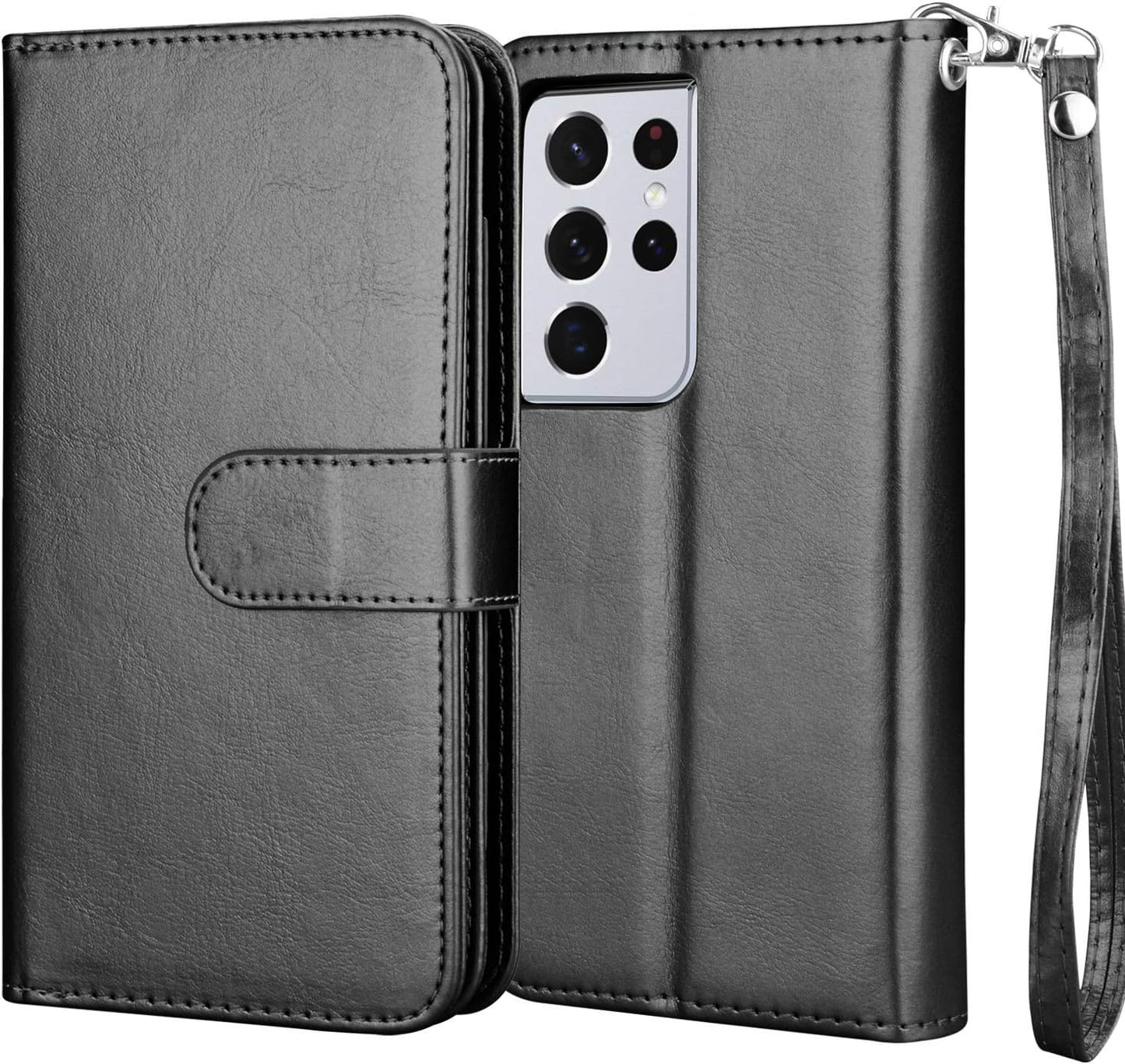 NJJEX Wallet Case for Samsung Galaxy S21 Ultra 5G, PU Leather Folio Flip with 9 Card Slots, Detachable Kickstand [Black]