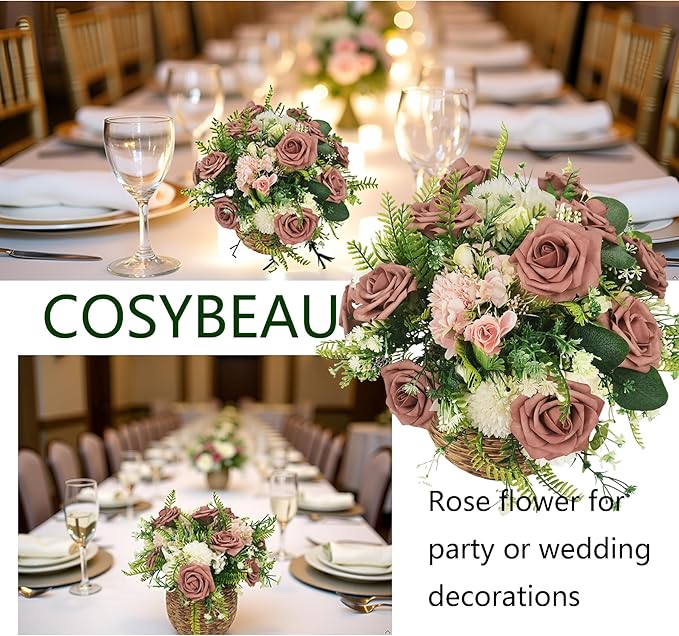 Artificial Rose Flowers 25pcs, Brown Foam Fake Rose Faux Flower for Wedding Bouquets Bridal Shower Centerpieces Floral Arrangements Home Decorations Party Backdrops Table