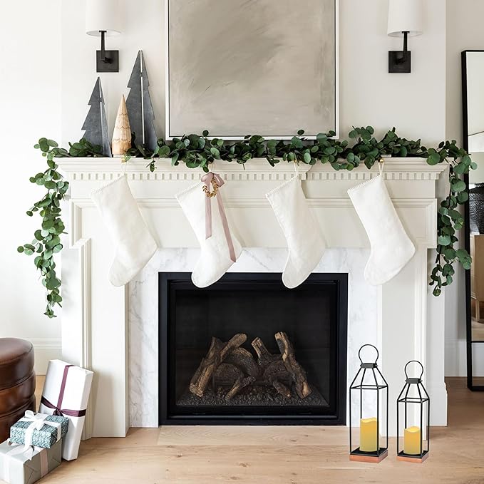 Perfnique Metal Lanterns w/ Pine Wood, Set of 2 Farmhouse Lantern Decorative w/ Waterproof Flameless Candle & Remote Timer, Modern Farmhouse Candle Holder for Outdoor, Porch, Fireplace(Wood Base)