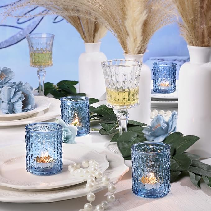 12pcs Blue Votive Candle Holders-Glass Candle Holder for Centerpiece Table Decorations, Tea Light Candle Holders for Wedding Decor, Home Decor, Baby Shower and Party Decor