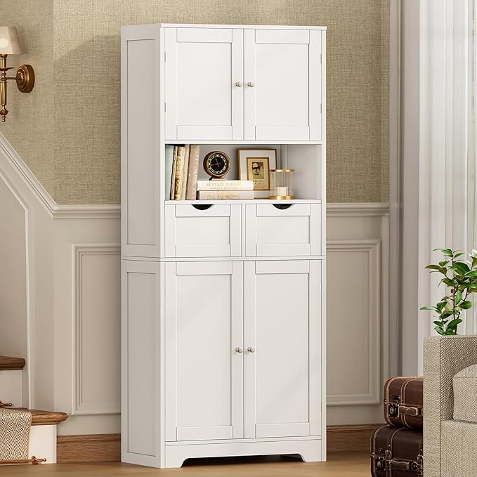 Iwell Tall Storage Cabinet with Adjustable Shelf & 2 Drawers, Kitchen Pantry Cabinet, Pantry Cabinets with 4 Doors, Tall Cabinets for Living Room, Kitchen, Bathroom, White