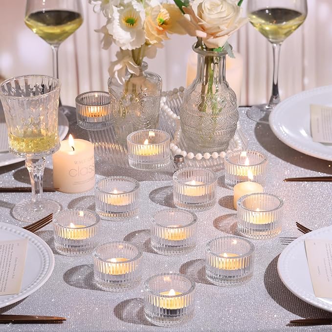 12Pcs Clear Votive Candle Holders with 20pcs Tea Light Candles, Ribbed Tealight Candle Holder Glass for Wedding Table Centerpiece, Home Decor, Party Decor