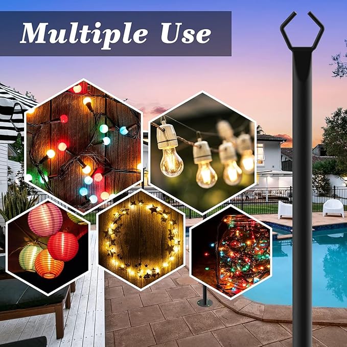 10 Pack 10Ft String Poles, Poles for Outside String Lights,Outdoor with Fork,Metal Poles Stand for Patio,Backyard,Deck