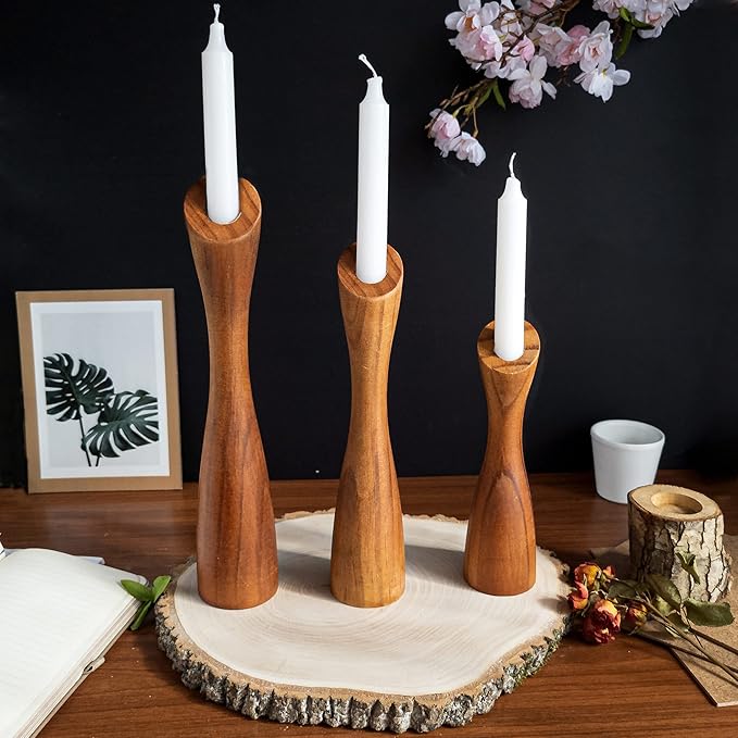 OLEEK Wooden Taper Candle Holders - Woods Taper Candle Holders for Table Centerpiece - Wood Candlestick Holders (9", 8", 6") Wooden Candlestick Holder for 7/8" candlesticks - Candlestick Holders Wood