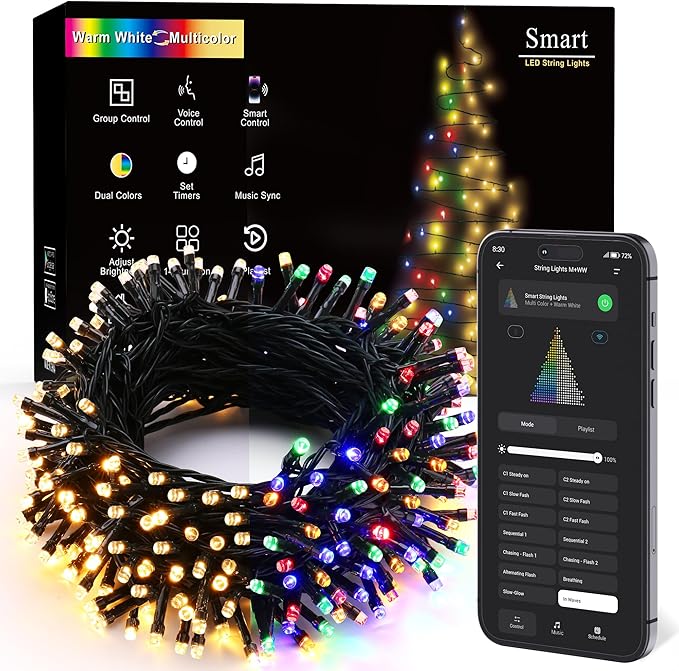 Brizled Smart Christmas Lights, 66FT 200 LED Color Changing Christmas String Lights App & Voice Control, Dimmable Warm White & Multicolor Xmas Tree Lights Music Sync for Indoor Outdoor Wedding Party