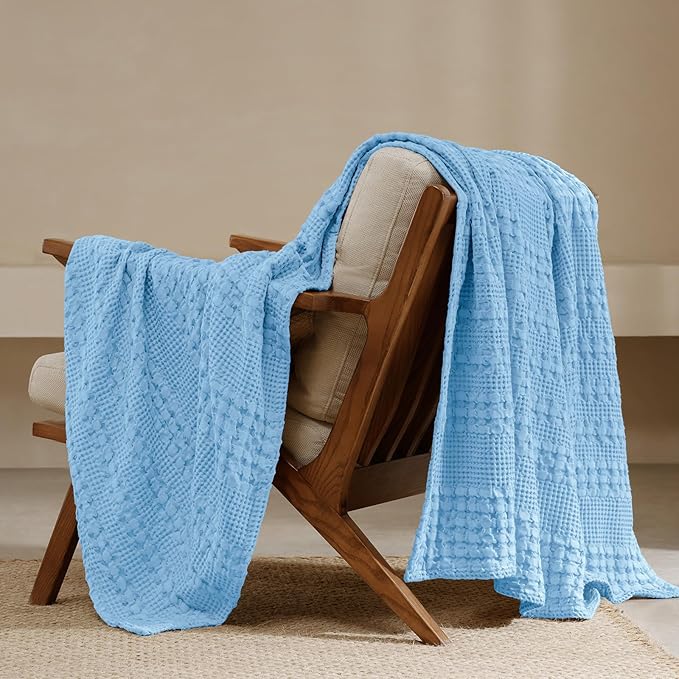 PHF 100% Cotton Waffle Weave Throw Blanket, Soft Lightweight Breathable Cozy Throws for Couch Bed Sofa, Luxury Aesthetic Woven Blanket for Home Decor & Office, 50"x60", Sky Blue