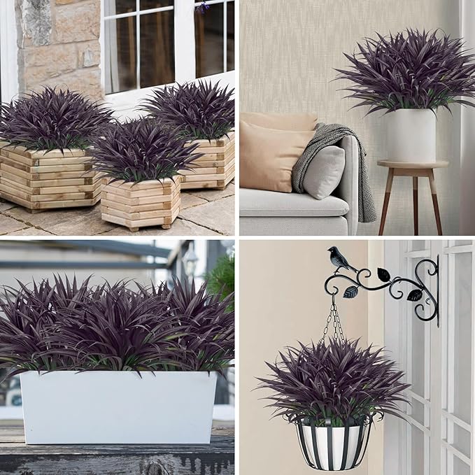 Ouddy Decor 20 Pcs Fake Outdoor Plants Artificial Grass Greenery Stems Faux Plastic Plants UV Resistant for Fall Halloween Indoor Outside Garden Hanging Planter Porch Home Decor, Black Purple