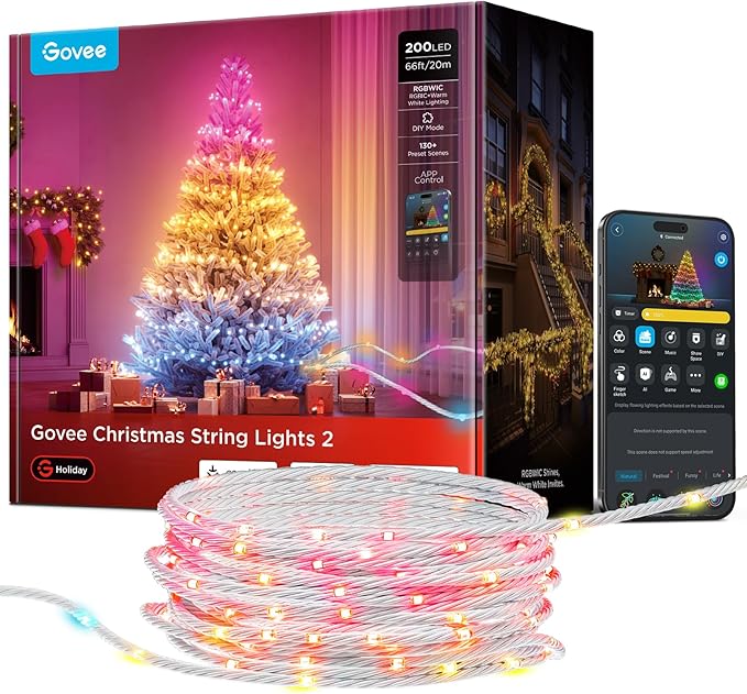 Govee Christmas Lights 2, RGBWIC 66FT 200LEDs Holiday String Lights with Shape Mapping Function, Smart LED Decoration for Indoor Outdoor Tree, 130+ Preset Scenes, Voice and APP Control, Clear Wire