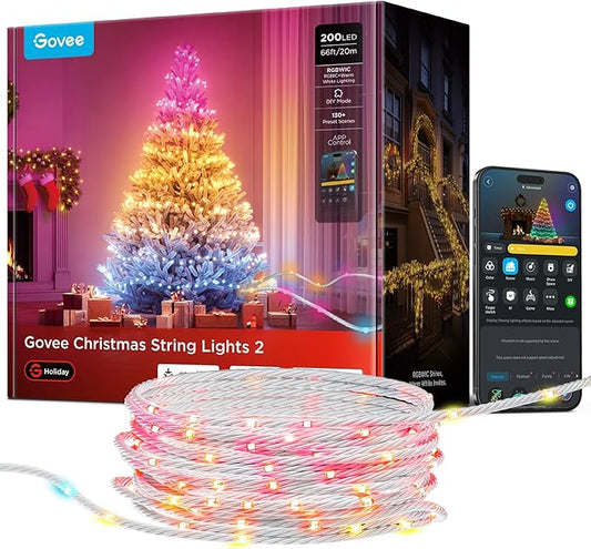 Govee Christmas Lights 2, RGBWIC 66FT 200LEDs Holiday String Lights with Shape Mapping Function, Smart LED Decoration for Indoor Outdoor Tree, 130+ Preset Scenes, Voice and APP Control, Clear Wire